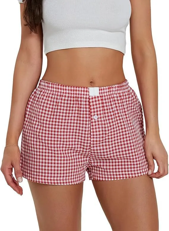 Vacation Simple Plaid Beach Shorts Women's Loose Casual Pants Red - Shop at LoveMi