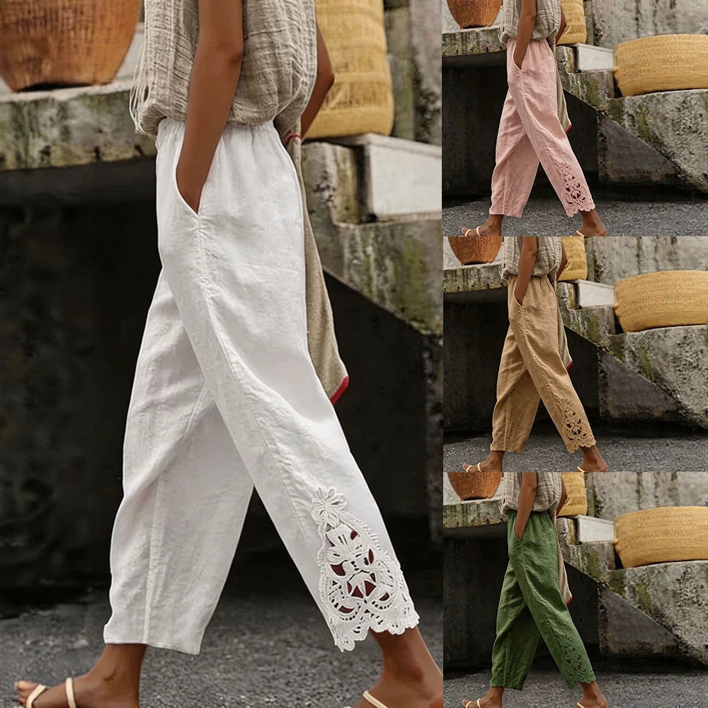 Cotton-linen Loose-fit Solid-color Casual Straight-leg Pants With An Elastic Waist And Lace Trim