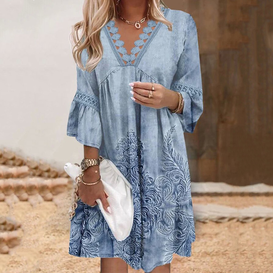 V-neck Casual Vintage Printed Lace Stitching Ladies Dress