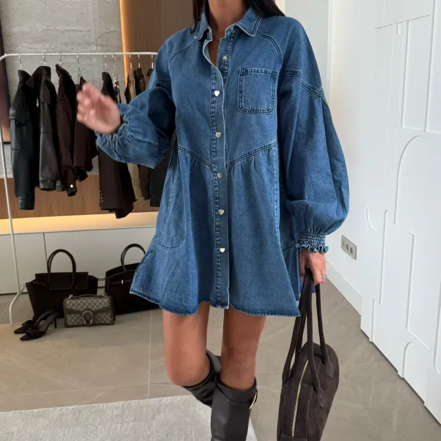 Casual Shirt Button Long Sleeve Denim Dress Blue - Shop at LoveMi