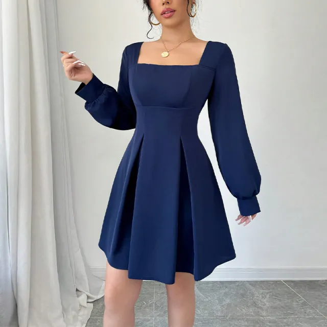 Square neck Cinched Slimming A Line Skirt For Women Blue - Shop at LoveMi