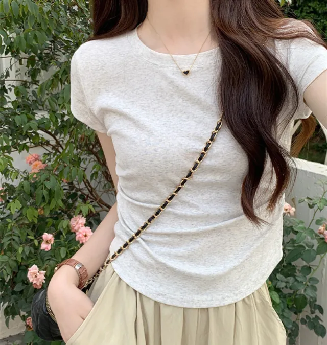 Solid Color Pleated Slim fit Irregular Design Short Round Neck Top White And Gray - Shop at LoveMi