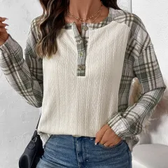 Casual Simple Retro Texture Fabric Plaid Stitching Women's Top - Apricot - View 1