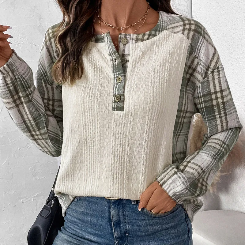 Casual Simple Retro Texture Fabric Plaid Stitching Women's Top - Beige Apricot