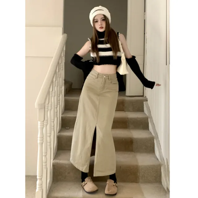 High Waisted Loose A line Mid Length Wrap Hip Skirt Khaki - Shop at LoveMi