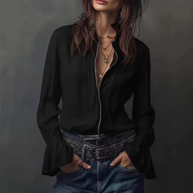 Womens Long-sleeve Zip-up Crew-neck Blouse - Black