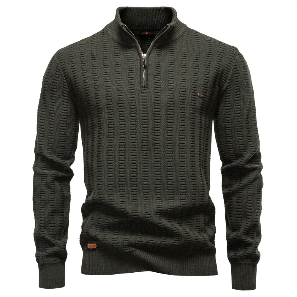 Mens Striped Jacquard Sweater With Half Zip And Stand Collar