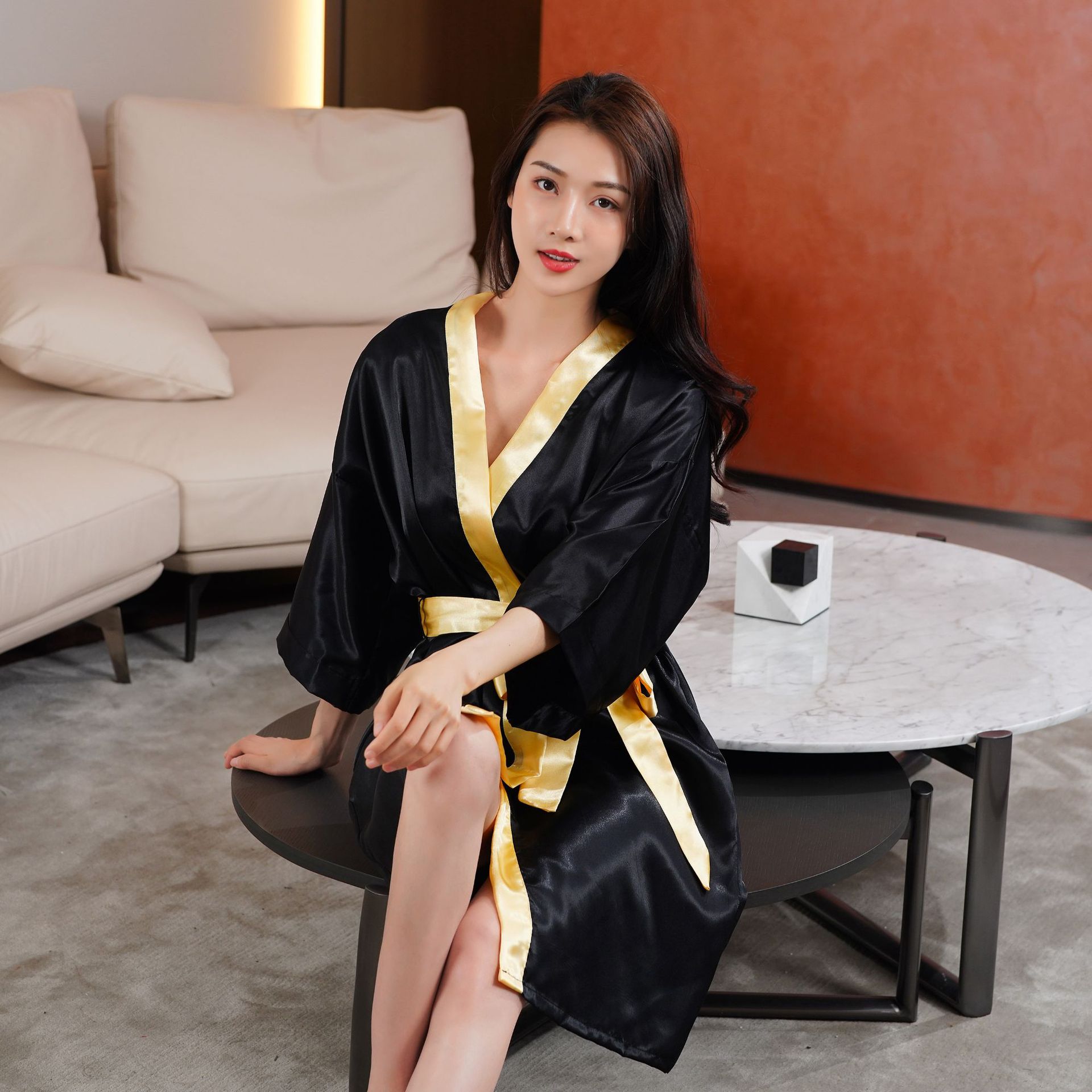 Solid-color Ice-silk Morning Robe Sexy Spliced Bathrobe product image