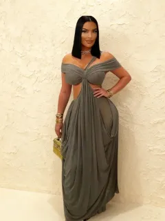 Solid-colour Tube Top Hollow-out Sheer Mesh Long Dress For Women - Grey - View 1