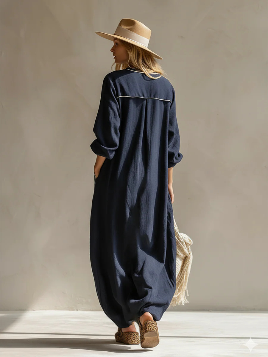 Women's Solid-Color Pullover Jumpsuit in Navy Blue – elegant commuter full-length polyester