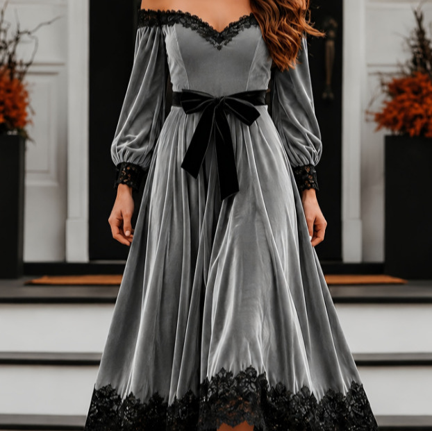 Sexy Lace-Panel Velvet Long-Sleeve Maxi Evening Dress