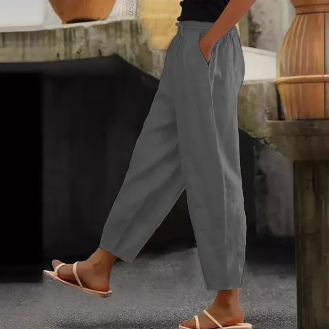 Spring And Autumn New Women's Cotton And Linen Solid Color Fashion Casual Daily Elasticated Slacks Dark Gray - Shop at LoveMi