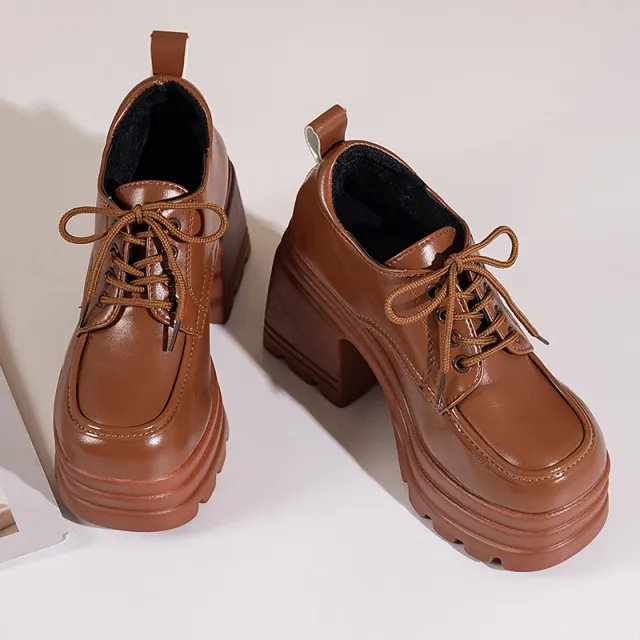 Platform Shoes British Style Leather Shoes Muffin Bottom Chunky Heel Brown - Shop at LoveMi