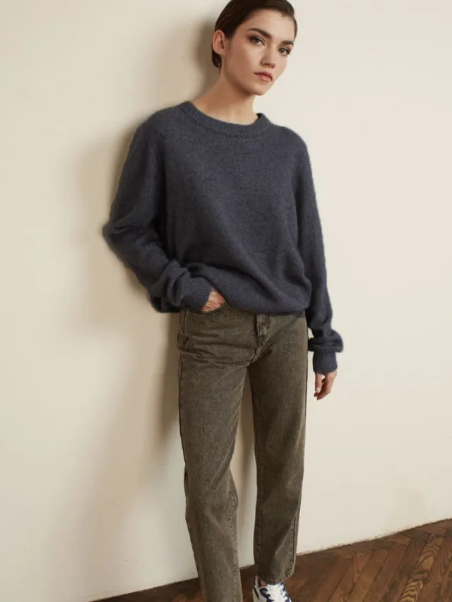 Solid Color Round Neck Sweater Women's Soft Knitted Top Gray - Shop at LoveMi