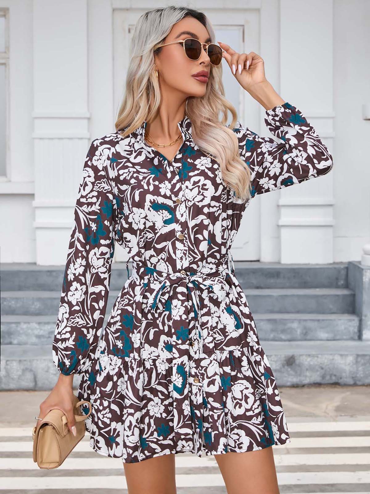 Autumn And Winter Printing Button Long Sleeve Dress