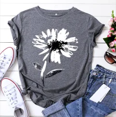 Women's Floral Printed Cotton Short-sleeved T-shirt Top - Dark Grey - View 1
