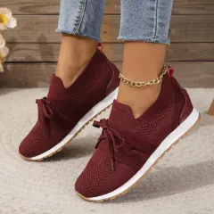 Women's Comfortable Fly Woven Mesh Lace-up Casual Shoes - Red - View 1