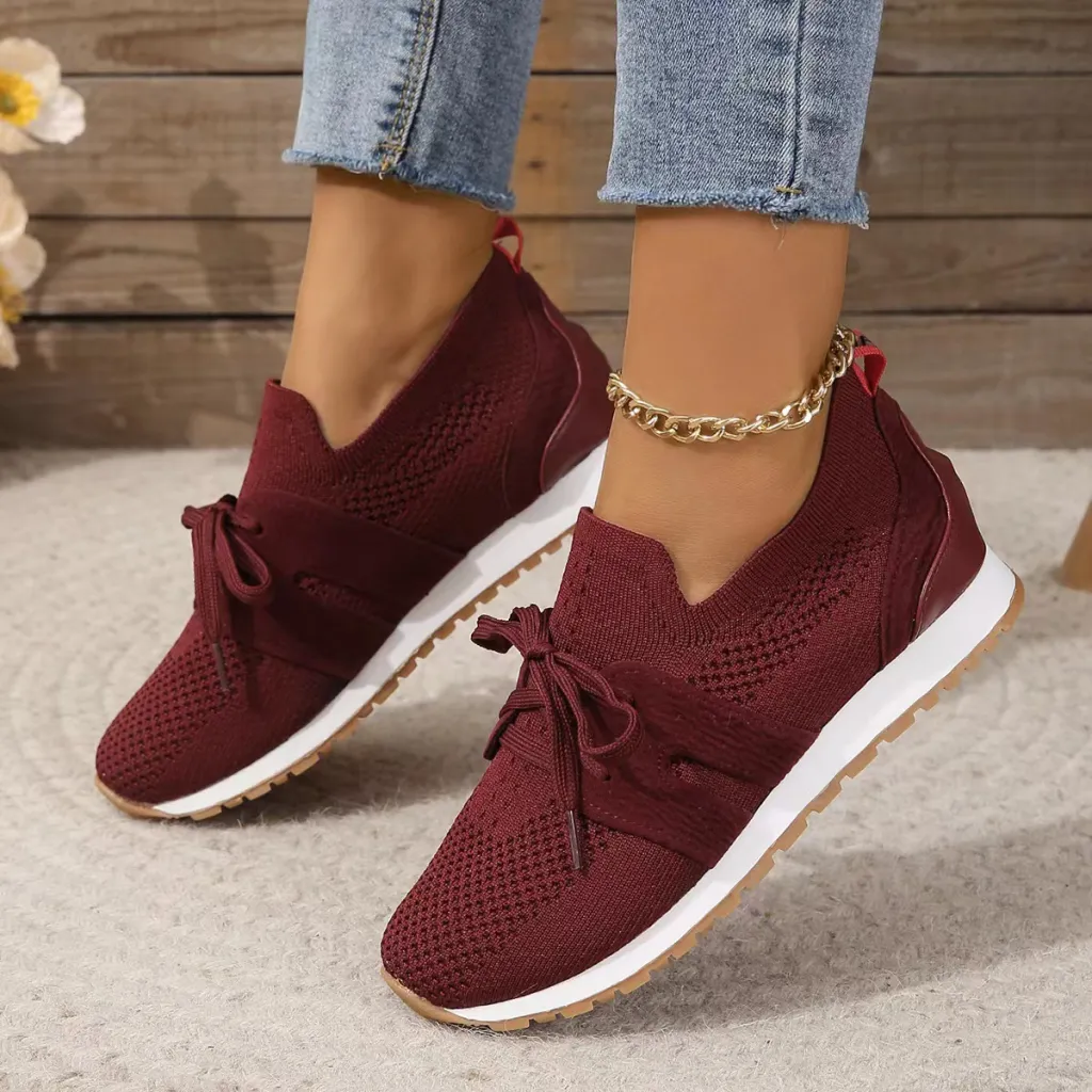 Women's Comfortable Fly Woven Mesh Lace-up Casual Shoes - Red