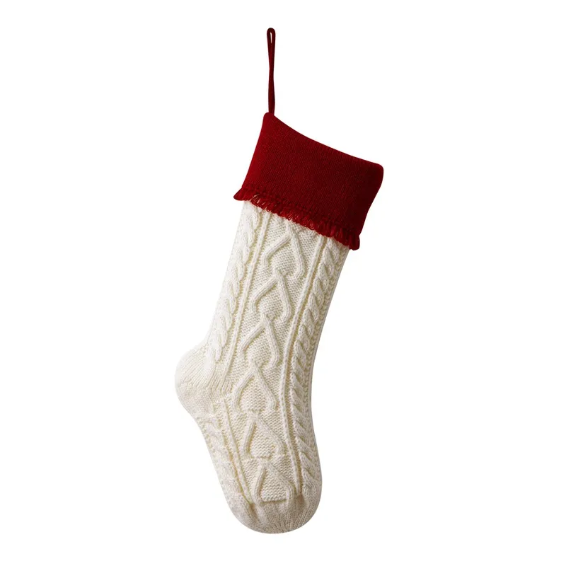 Knitted Wool Christmas Candy Bag Hanging Tassel Socks - White And Red