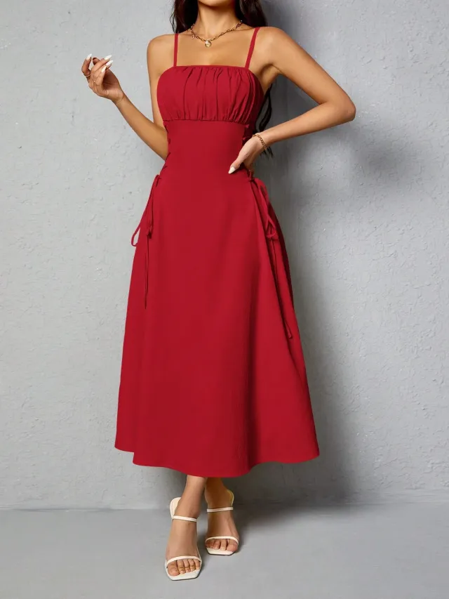 Spaghetti Straps Chest Wrap Waist tight Long Dress Red - Shop at LoveMi