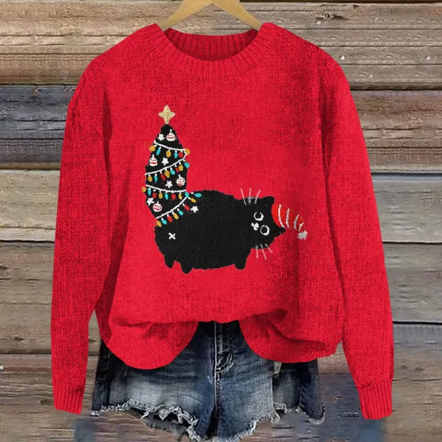 Thick Round Neck Heat Transfer Patch Long Sleeve Sweater Red - Shop at LoveMi