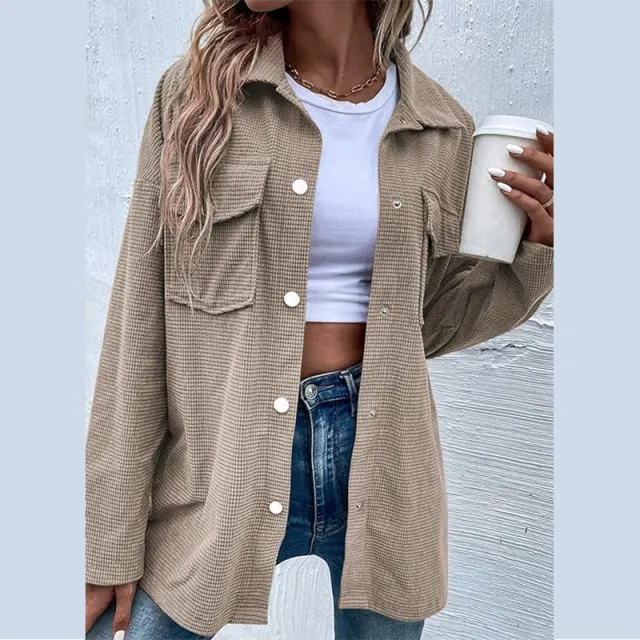 Women's Waffle Long Jacket Shirt Khaki - Shop at LoveMi