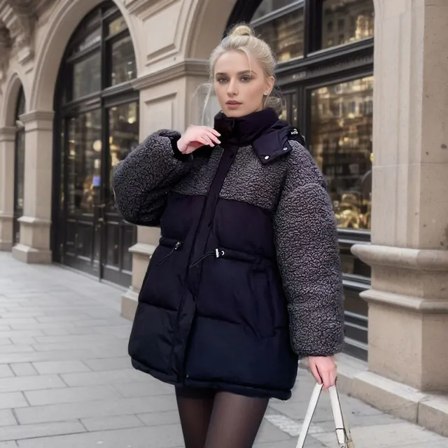 Women's Cotton padded Coat Stitching Lamb Wool Waist Drawstring Coat Black - Shop at LoveMi
