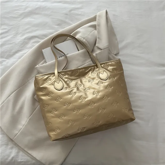 French Retro Simple Embossed Hand carrying Big Shoulder Bag Gold - Shop at LoveMi