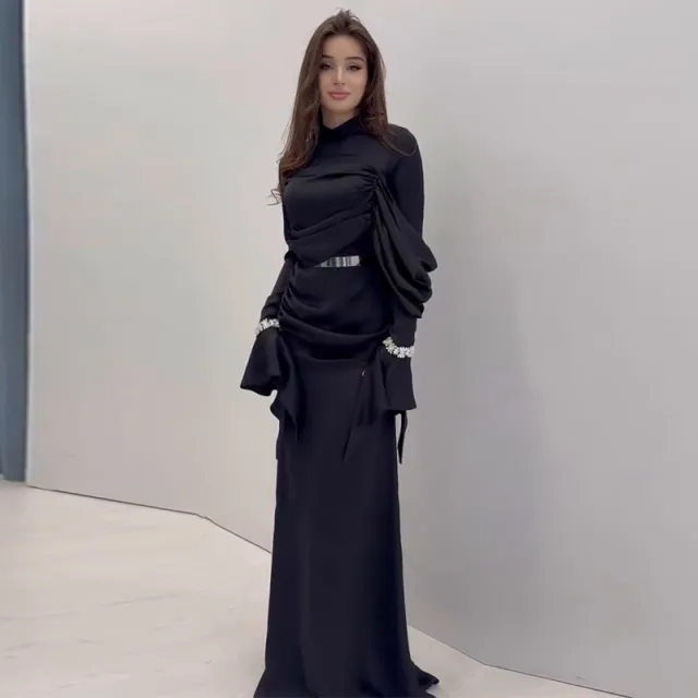 Women's Irregular Pleated Patchwork Figure flattering Light luxury Dress Black - Shop at LoveMi