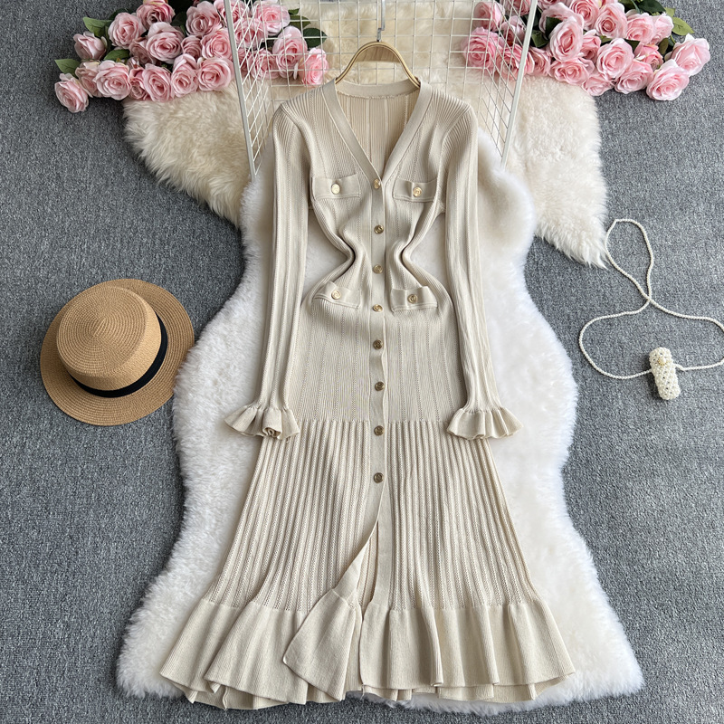 V neck Metal Buckle Slim Fit Slimming Flounce Knitted Dress Beige - Shop at LoveMi