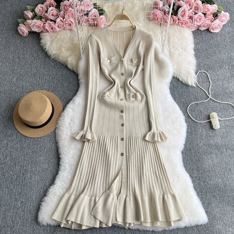 V-neck Metal Buckle Slim Fit Slimming Flounce Knitted Dress - Beige