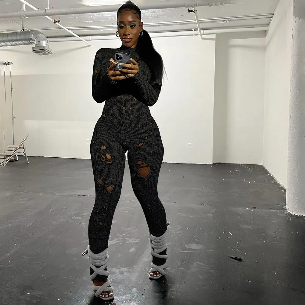 Women's Solid Color Casual Long Sleeves Wool Lace-up Ripped Slim Fit Long Conjoined Trousers - Black