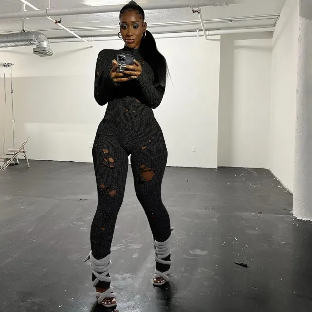 Women's Solid Color Casual Long Sleeves Wool Lace up Ripped Slim Fit Long Conjoined Trousers Black - Shop at LoveMi
