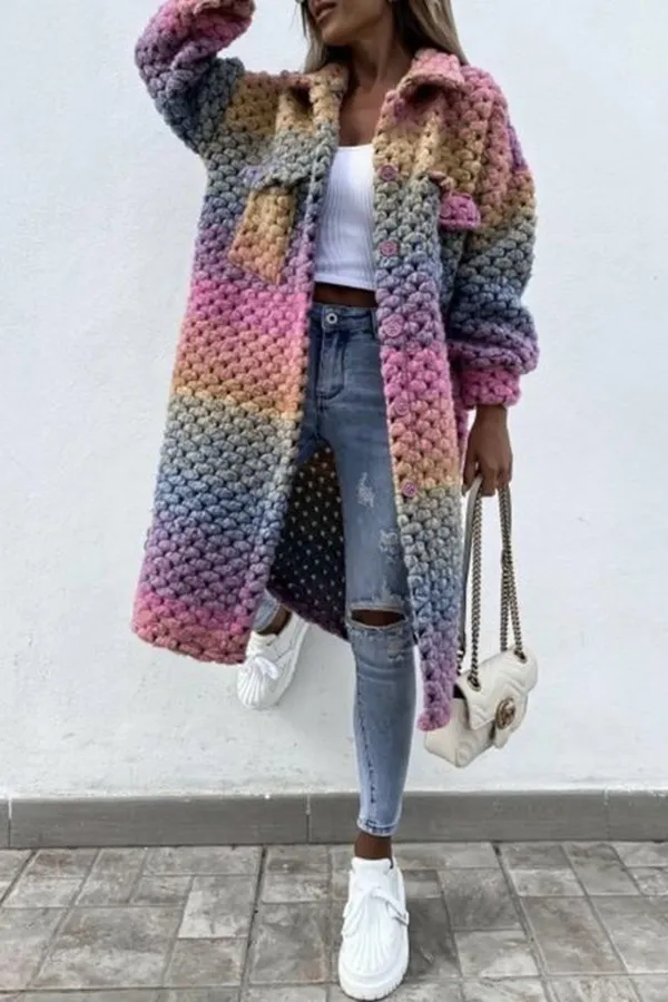 Autumn And Winter Woolen Coat Loose Lapels Breasted Plaid Trench Coat Coat - Pink