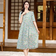 Cotton Silk Fashion Floral Loose Plus Size Outer Wear Dress - No 6 - View 1