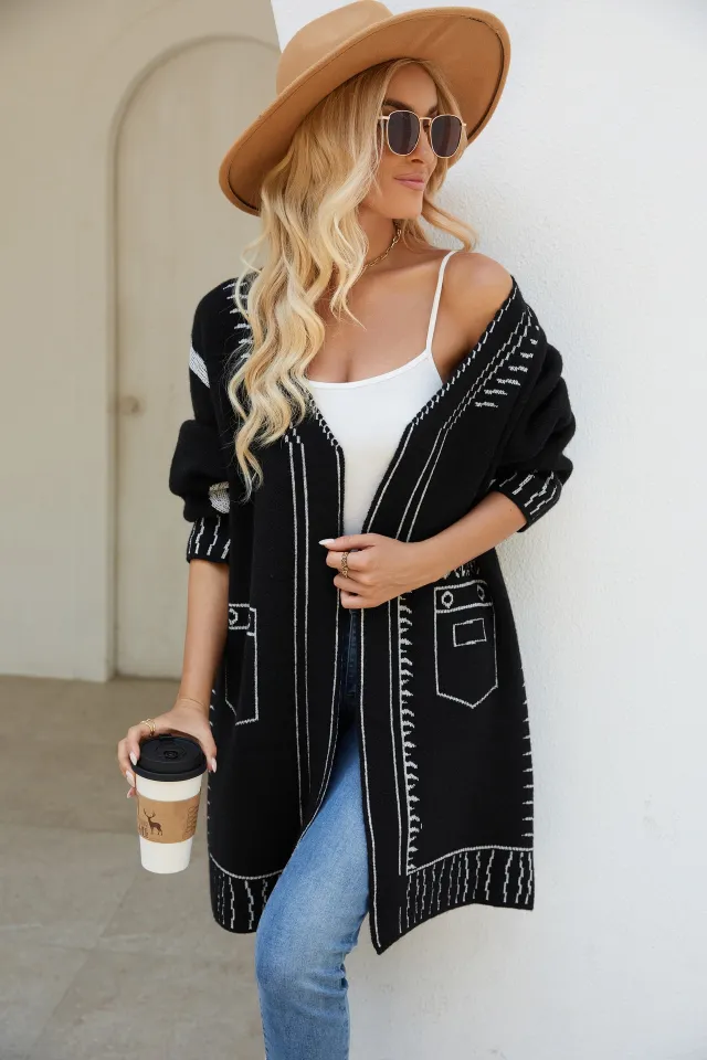 Long Sweater Coat Jacquard Lazy Knitting Black - Shop at LoveMi