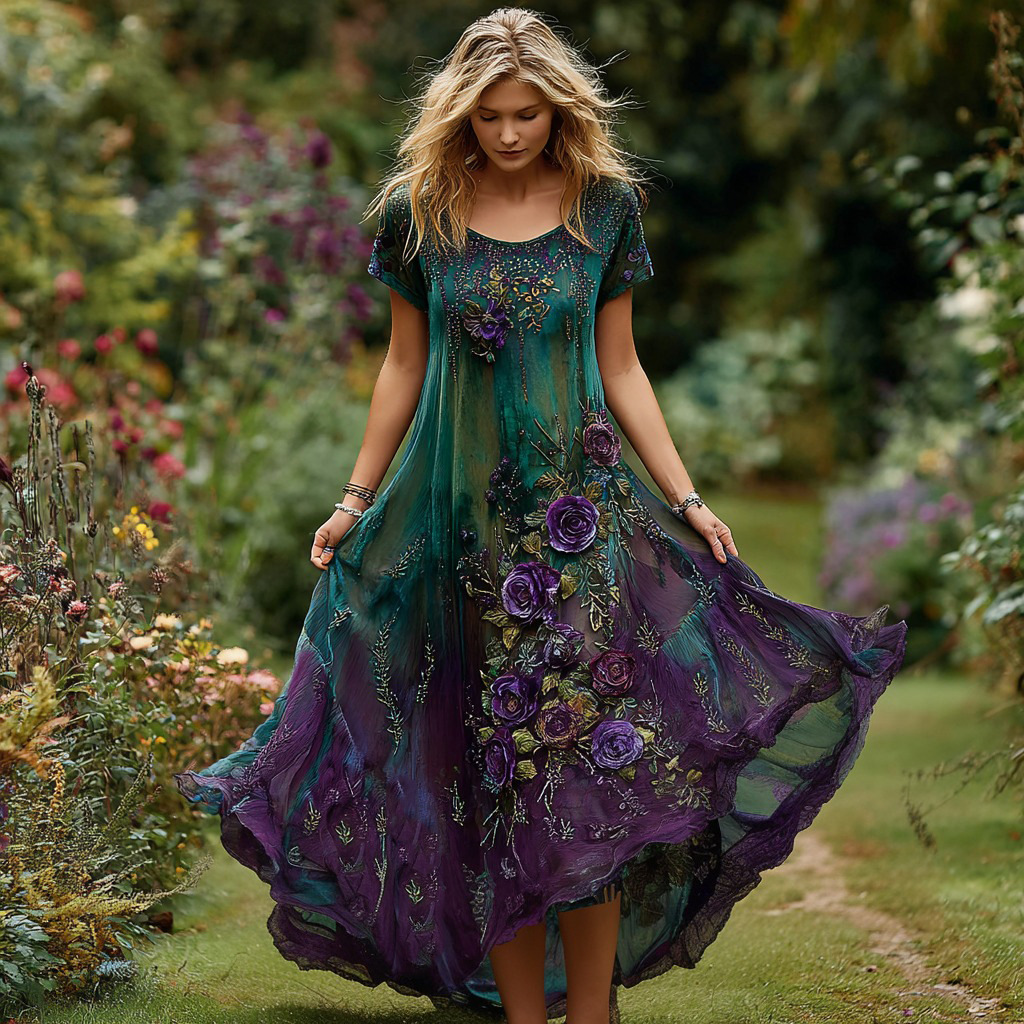 Womens Lightweight Printed Plus-size Loose-fitting Figure-flattering Maxi Dress