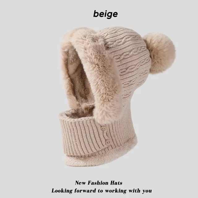 Twist Stripes Knitted Hat Scarf One piece Fleece lined Kit Beige - Shop at LoveMi