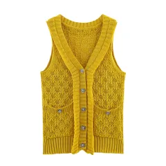 Sweet Style Yellow Knitted Cardigan Sleeveless Vest Waistcoat - View 1