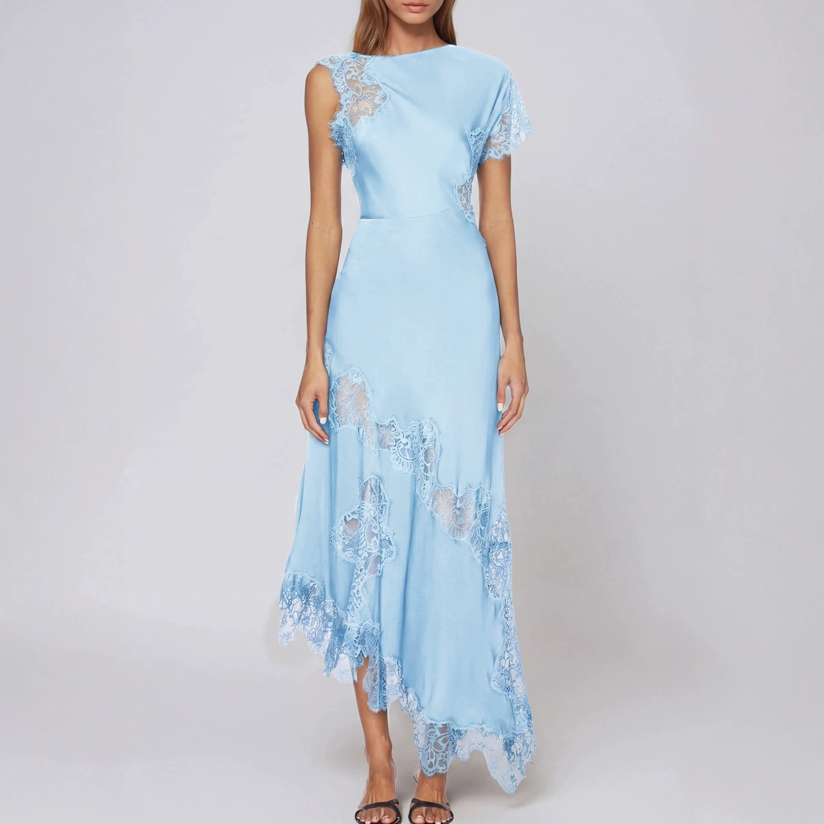 Women's Satin Lace-trimmed Short-sleeve Dress
