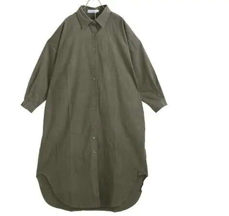 South Korea Idle Style Simple Long Below The Knee Shirt Solid Color Polo Collar Cardigan Shirt Green - Shop at LoveMi