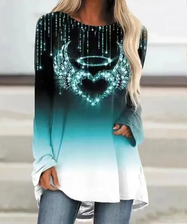 Autumn Women's Loose Round Neck Heart Printing Long Sleeve T shirt Green - Shop at LoveMi