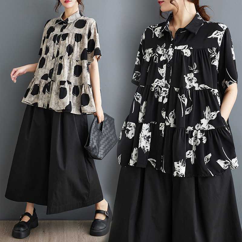 Ink Wash Print Chiffon Blouse Women Summer Loose Fit Plus Size Artistic Style Short Sleeve Top