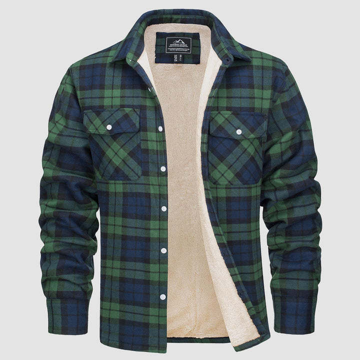 Fleece Lined Men's Jacket Long Sleeve Lapel Plaid - Picture 7 of 14
