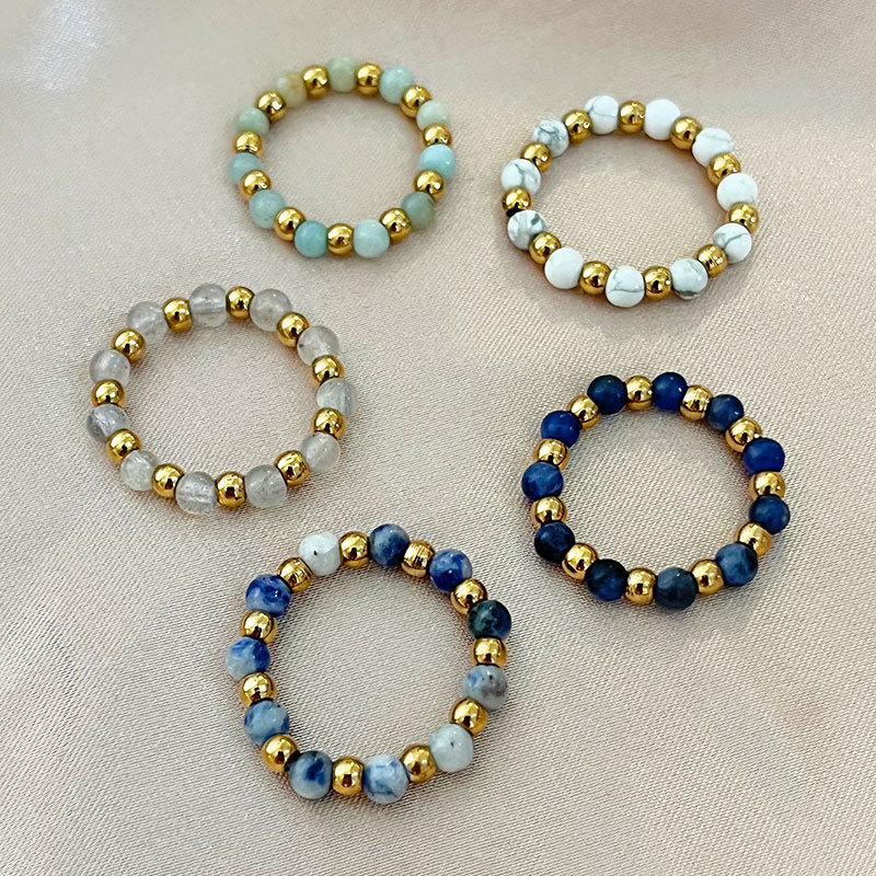 Stainless Steel Ball Elastic Natural Stone Handcrafted Beaded Ring