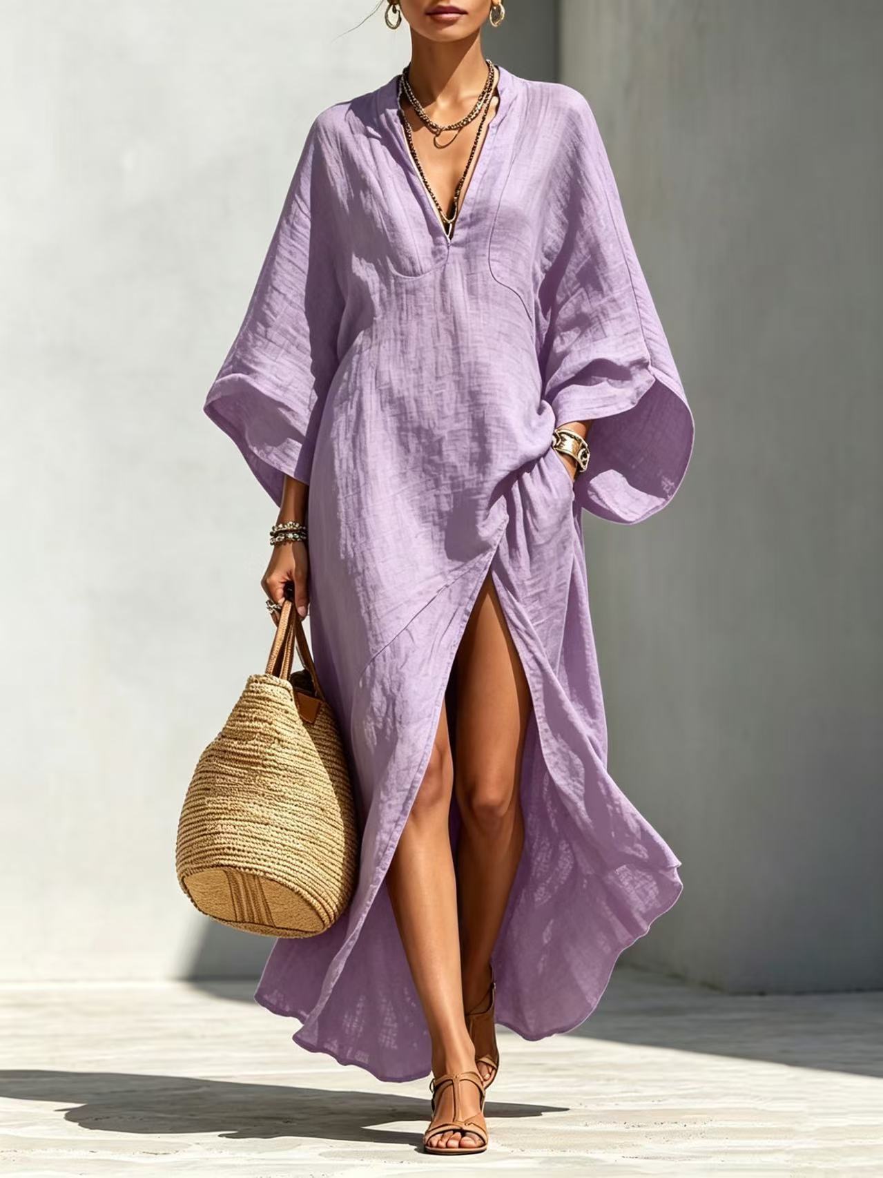 Women's loose maxi resort dress in lavender purple – front view