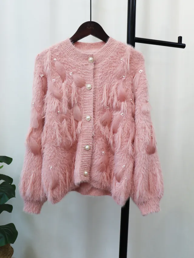 Artificial Mink Fur Gentle Design Feather Beaded Tassel Knitted Cardigan Sweater Coat Pink - Shop at LoveMi
