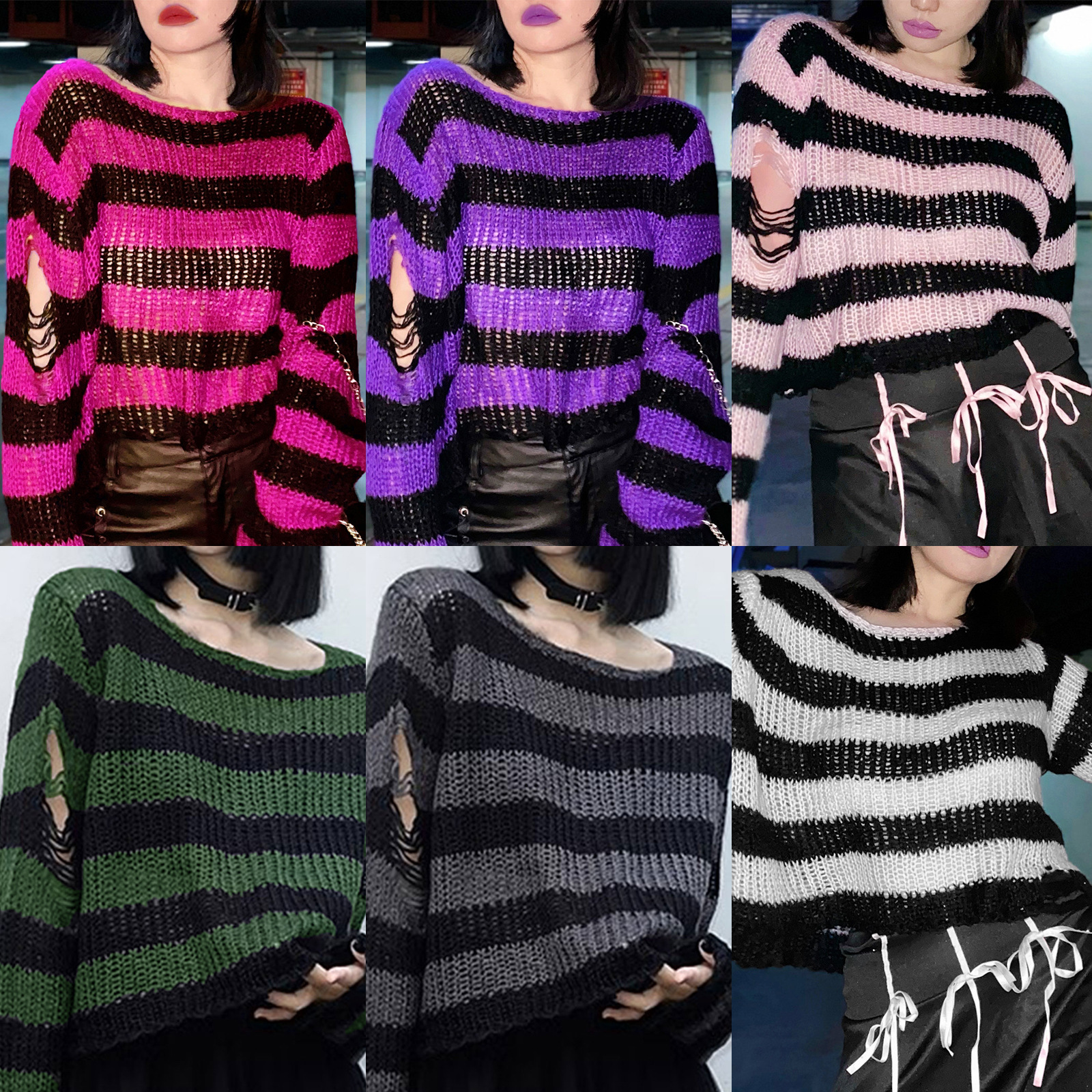 Womens Short Crew-neck Striped Pullover Knit Sweater