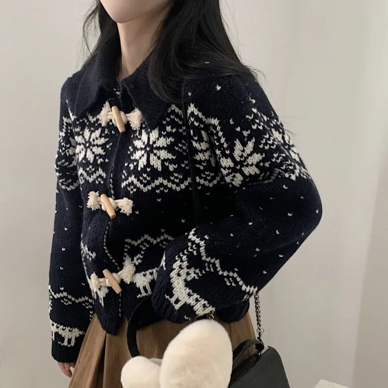 Padded Lapel Horn Button Snowflake Knitted Cardigan - Blue