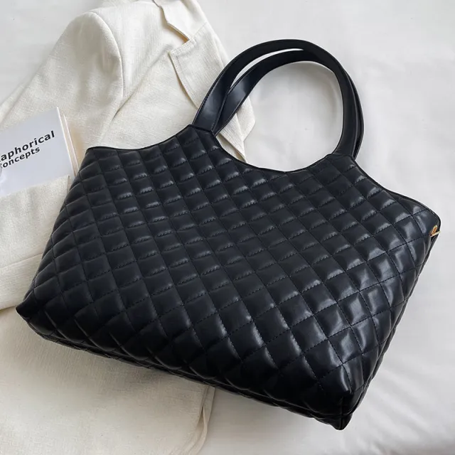 Fashion Large Capacity Tote Bag Female Diamond Plaid Trend Chain Crossbody Bag Black - Shop at LoveMi